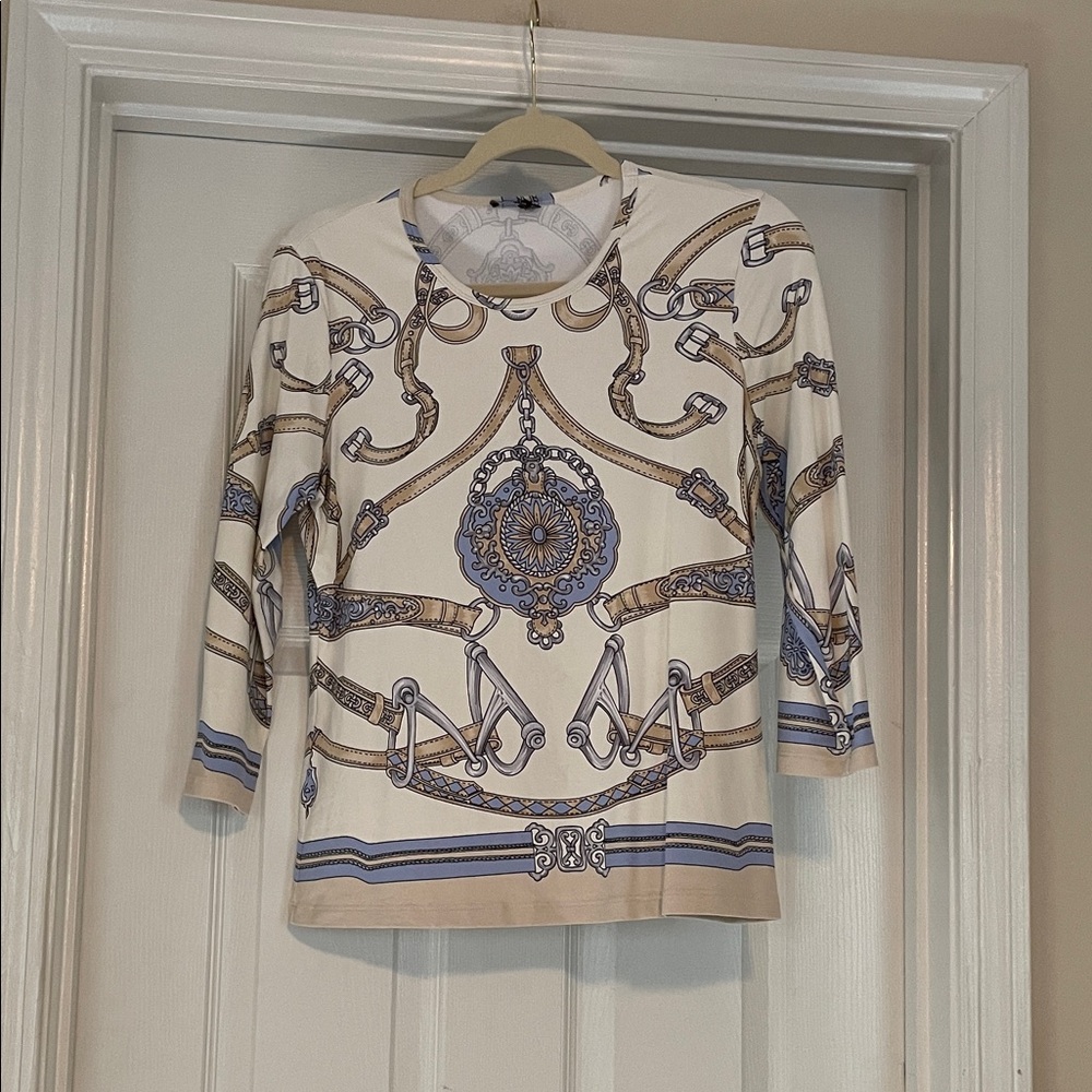 J.McLaughlin Signature Knit Cream and Blue Equestrian Patterned Tee